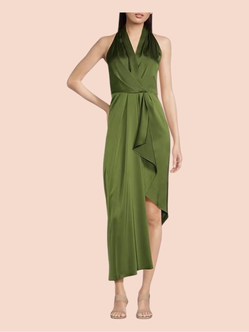 Alex Marie Hazel Olive Green Satin Asymmetrical Tea Length Formal Dress 14P - Picture 1 of 11